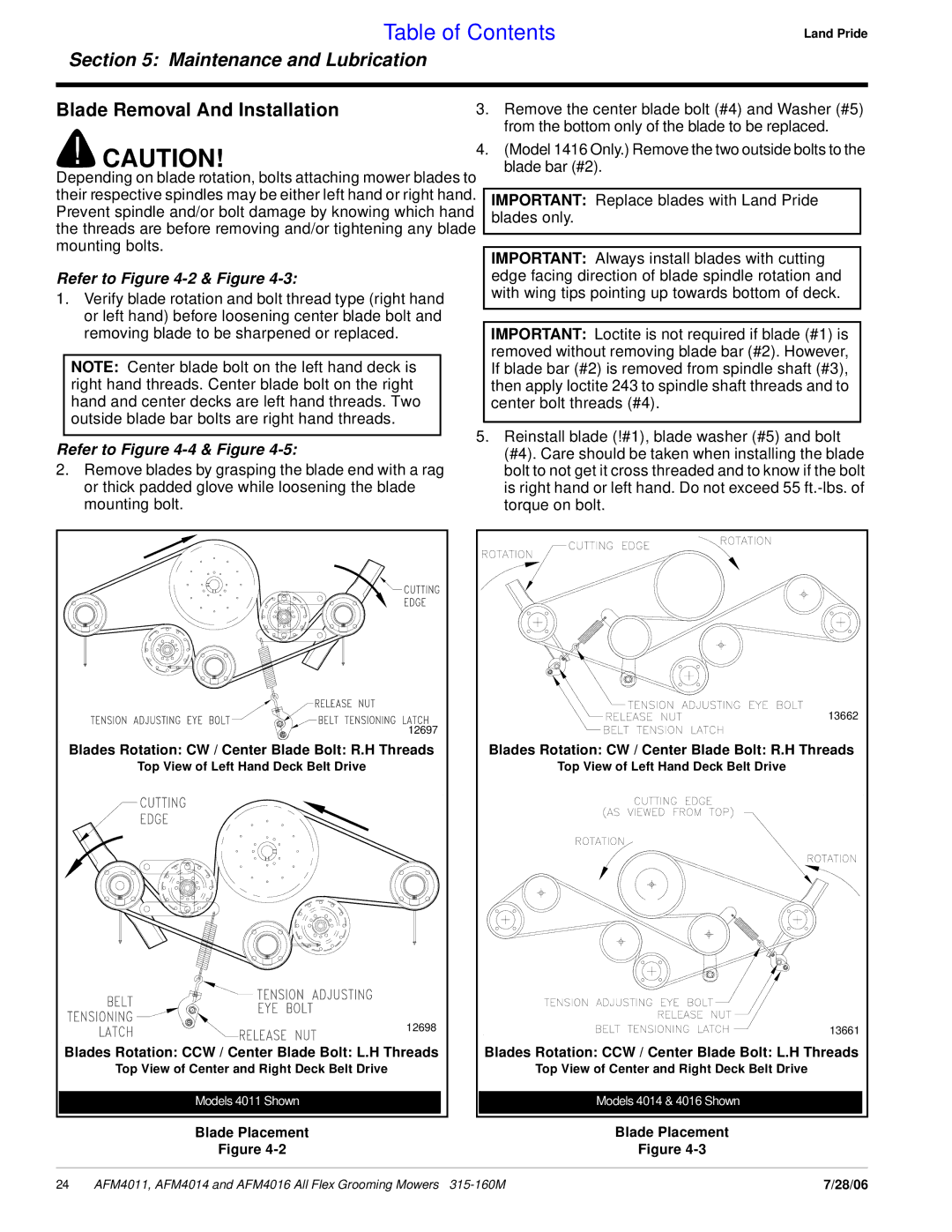 Land Pride AFM4016 manual Blade Removal And Installation, Refer to -2 & Figure 