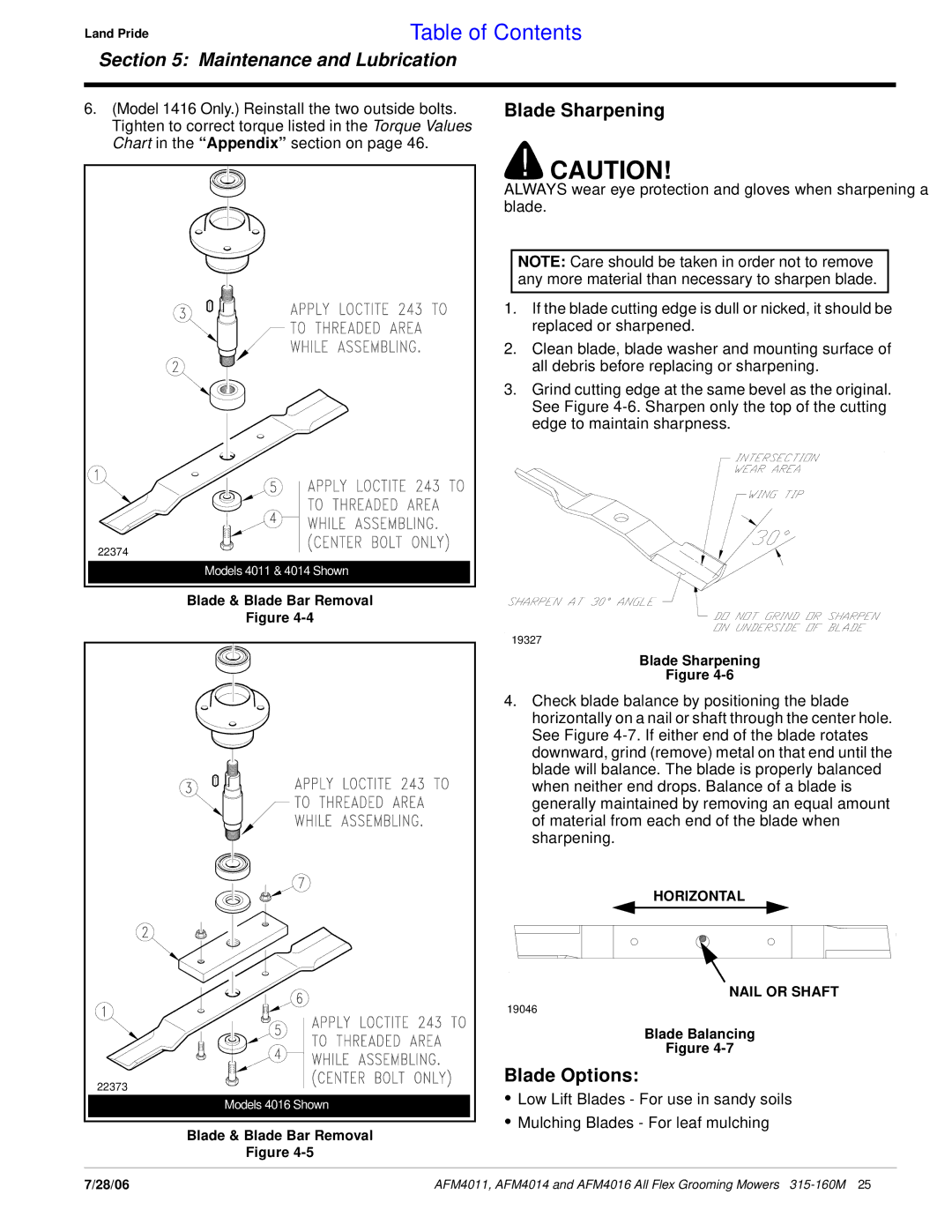 Land Pride AFM4016 manual Blade Sharpening, Blade Options 