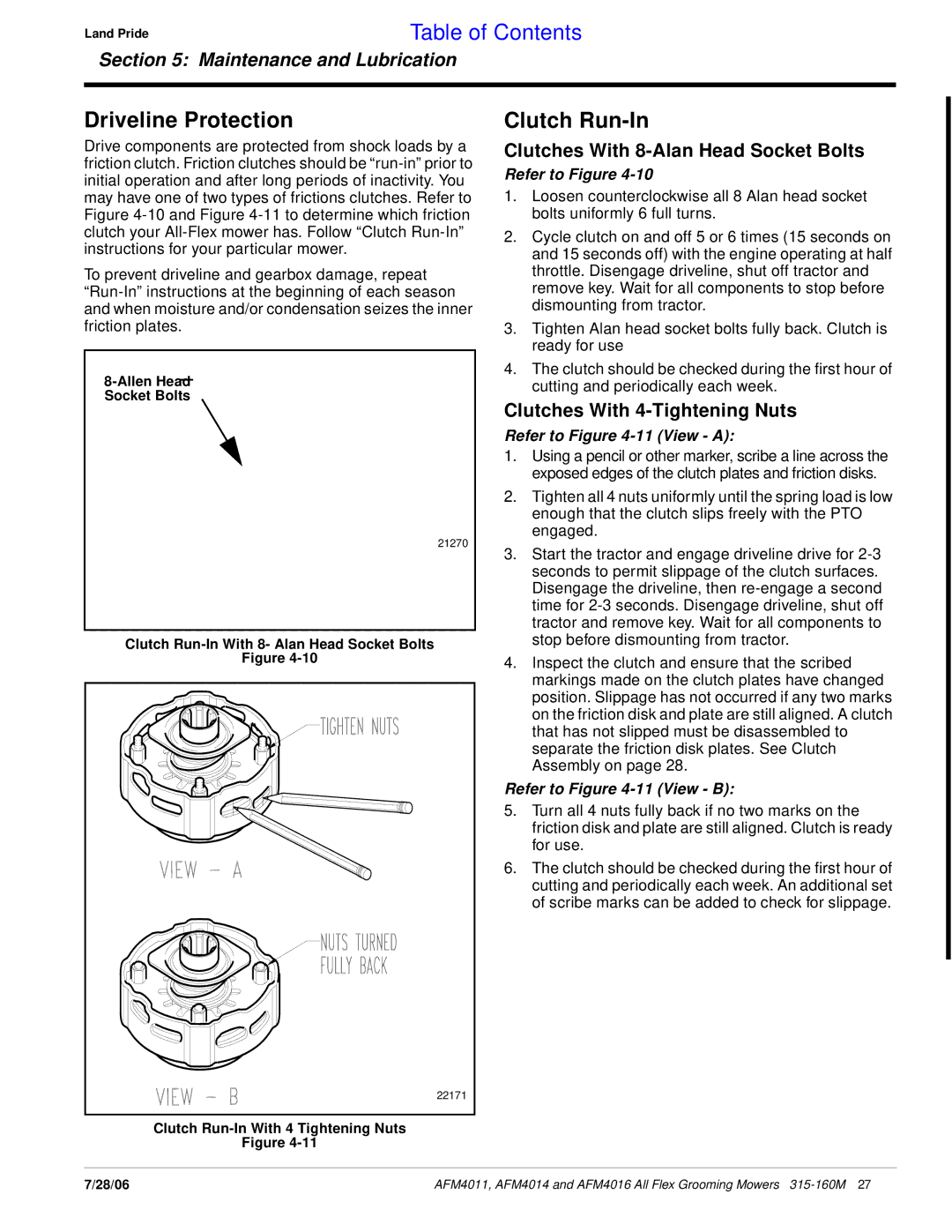 Land Pride AFM4016 manual Driveline Protection, Clutch Run-In, Clutches With 8-Alan Head Socket Bolts 