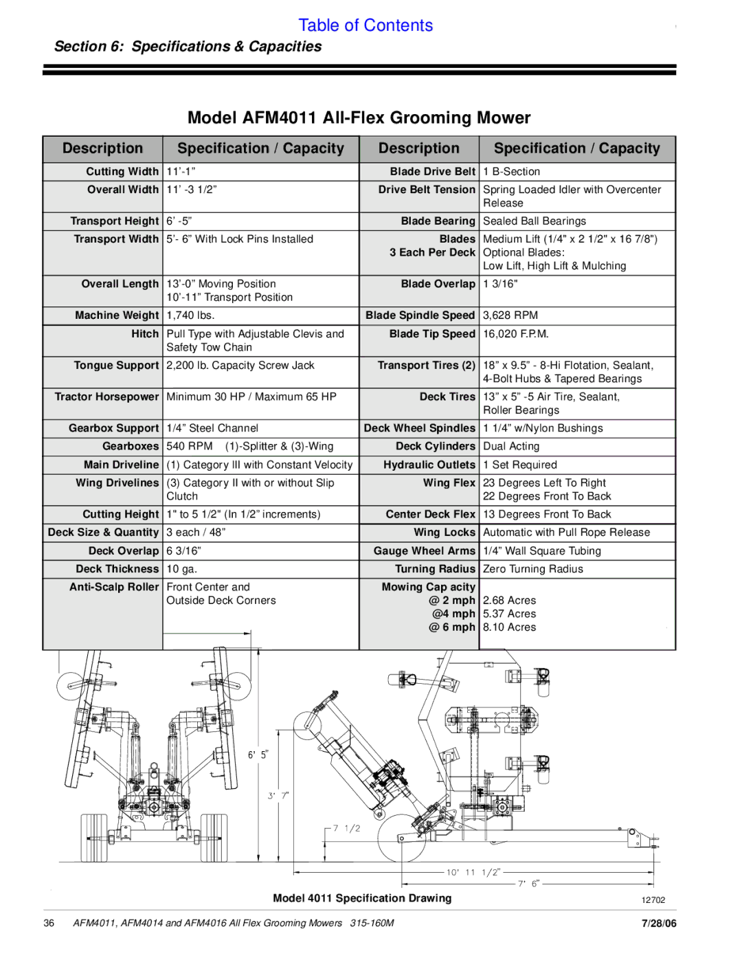 Land Pride AFM4016 manual Model AFM4011 All-Flex Grooming Mower, Description Specification / Capacity 