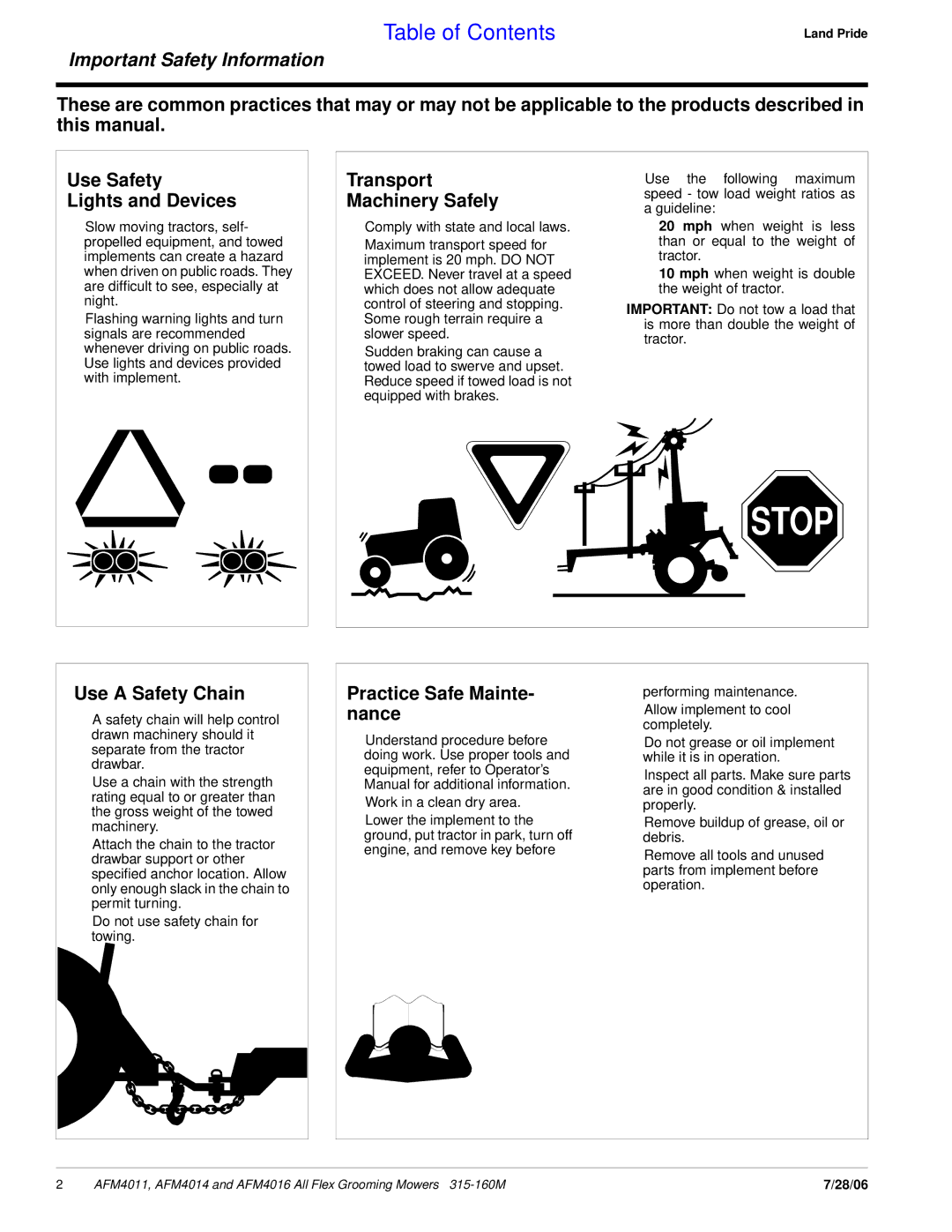 Land Pride AFM4016 manual Transport Machinery Safely, Use a Safety Chain, Practice Safe Mainte- nance 