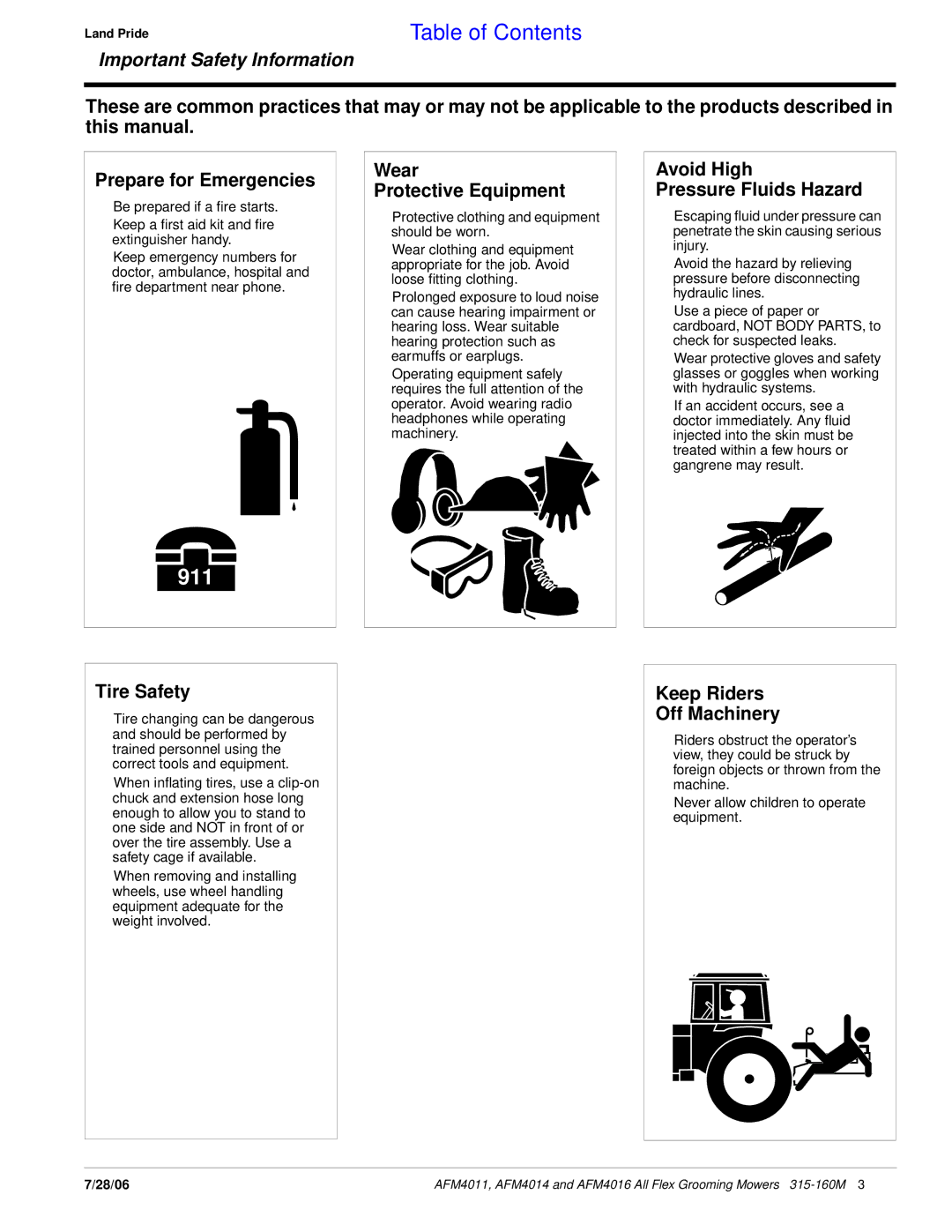 Land Pride AFM4016 Wear Protective Equipment, Avoid High Pressure Fluids Hazard, Tire Safety, Keep Riders Off Machinery 