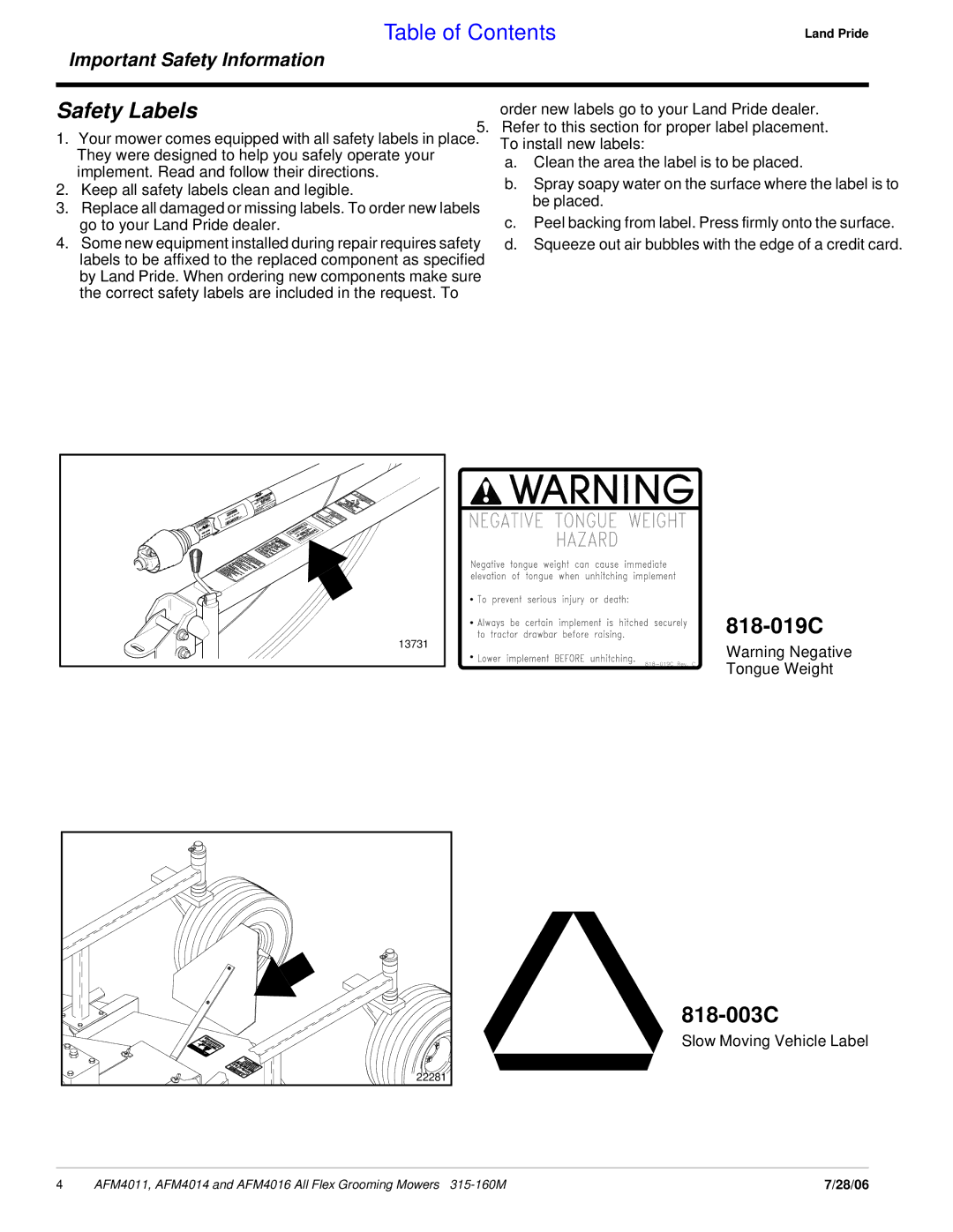 Land Pride AFM4016 manual 818-019C, 818-003C 