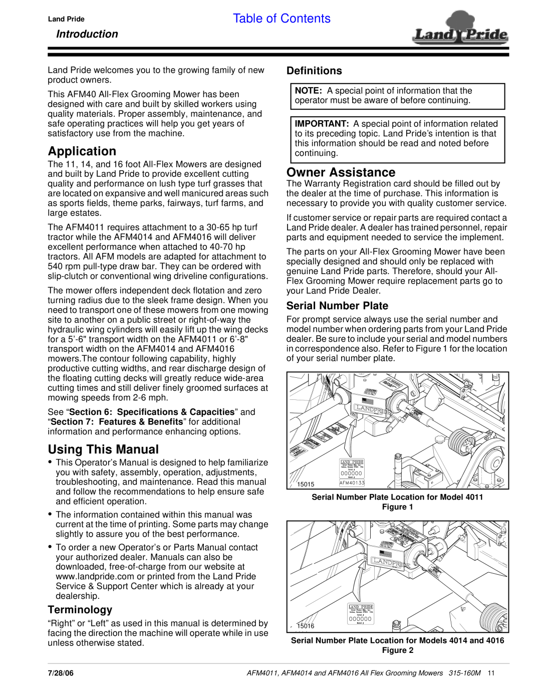 Land Pride AFM4016 manual Table of Contents, Introduction, Terminology, Definitions, Serial Number Plate 