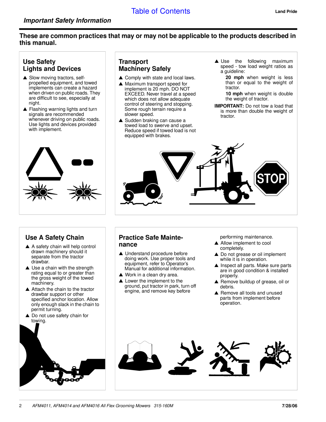 Land Pride AFM4016 Table of Contents, Important Safety Information, Use Safety Lights and Devices, Use A Safety Chain 