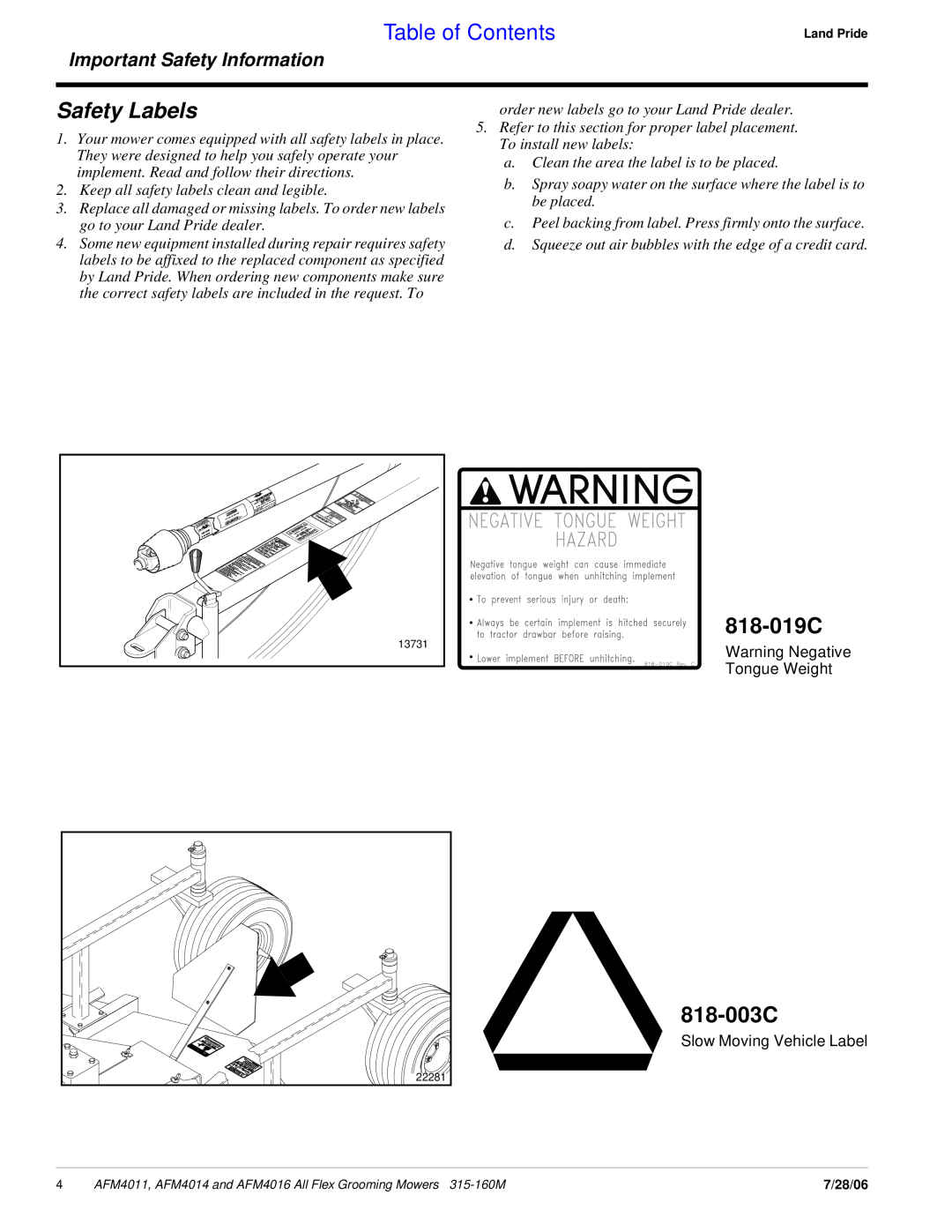 Land Pride AFM4016 manual Safety Labels, Table of Contents, 818-019C, 818-003C, Important Safety Information 
