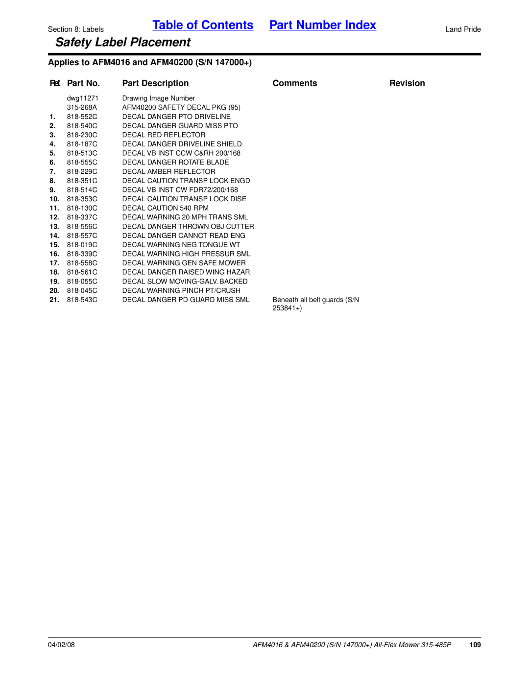 Land Pride AFM4016 manual Decal VB Inst CCW C&RH 200/168, Decal VB Inst CW FDR72/200/168, Decal Caution Transp Lock Dise 