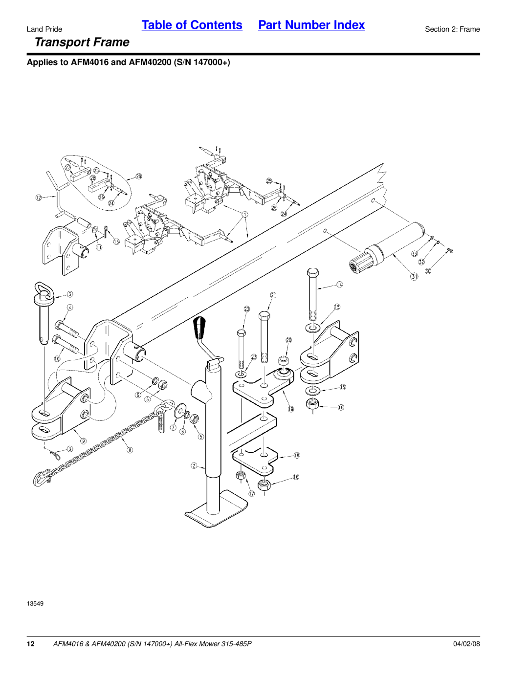 Land Pride AFM40200, AFM4016 manual Transport Frame 