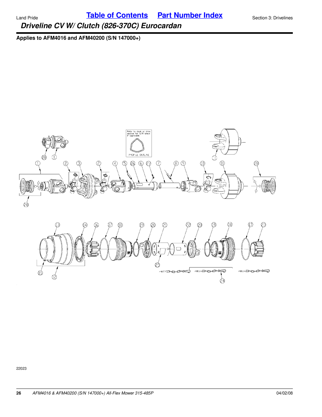 Land Pride AFM40200, AFM4016 manual Driveline CV W/ Clutch 826-370C Eurocardan 