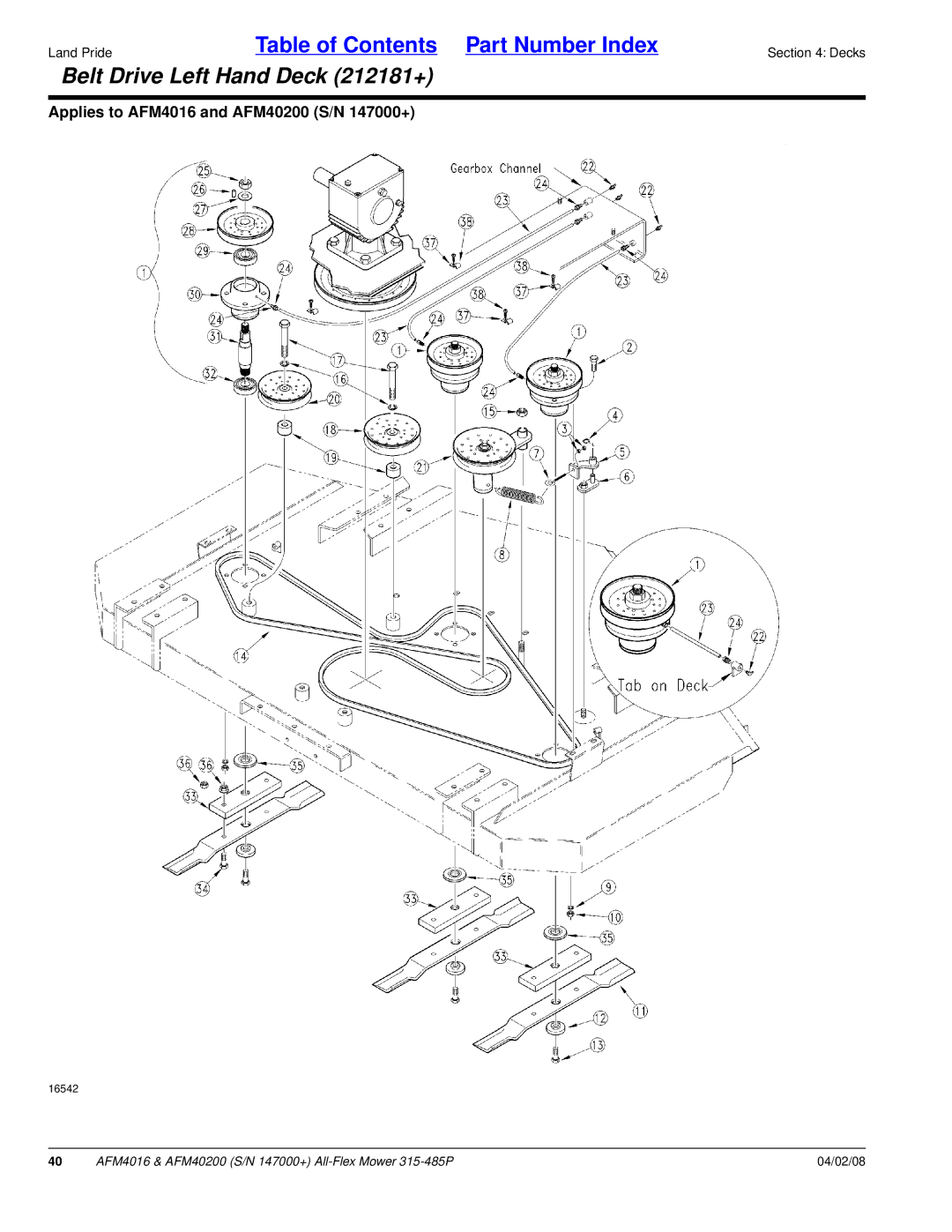 Land Pride AFM40200, AFM4016 manual Belt Drive Left Hand Deck 212181+ 