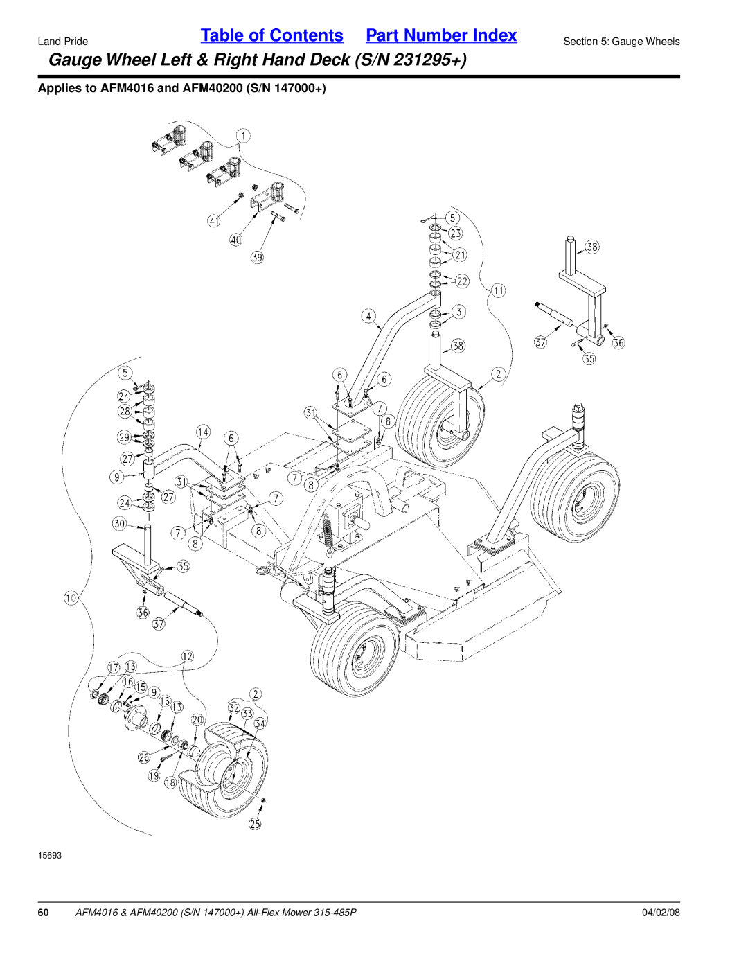 Land Pride AFM40200, AFM4016 manual Gauge Wheel Left & Right Hand Deck S/N 231295+ 