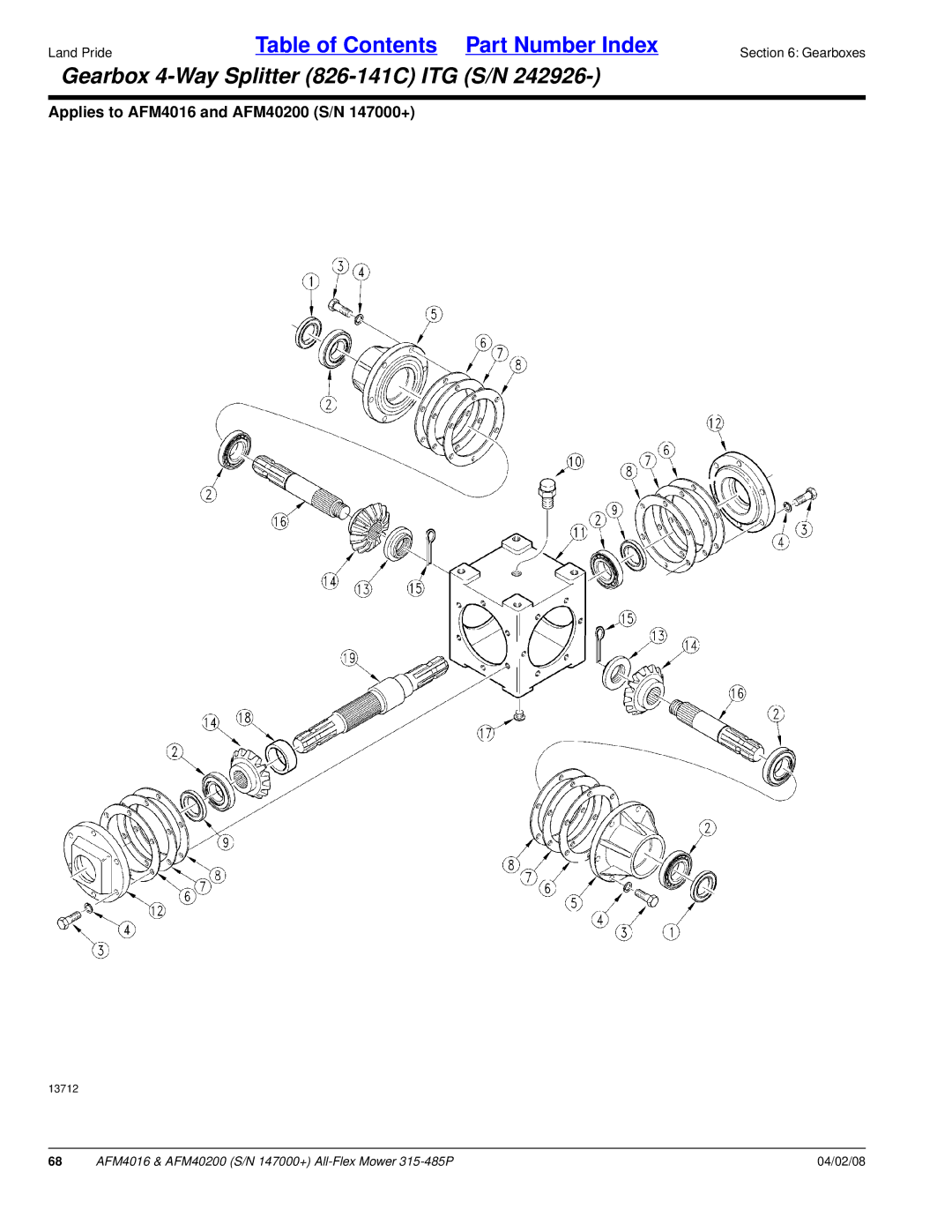 Land Pride AFM40200, AFM4016 manual Gearbox 4-Way Splitter 826-141C ITG S/N 