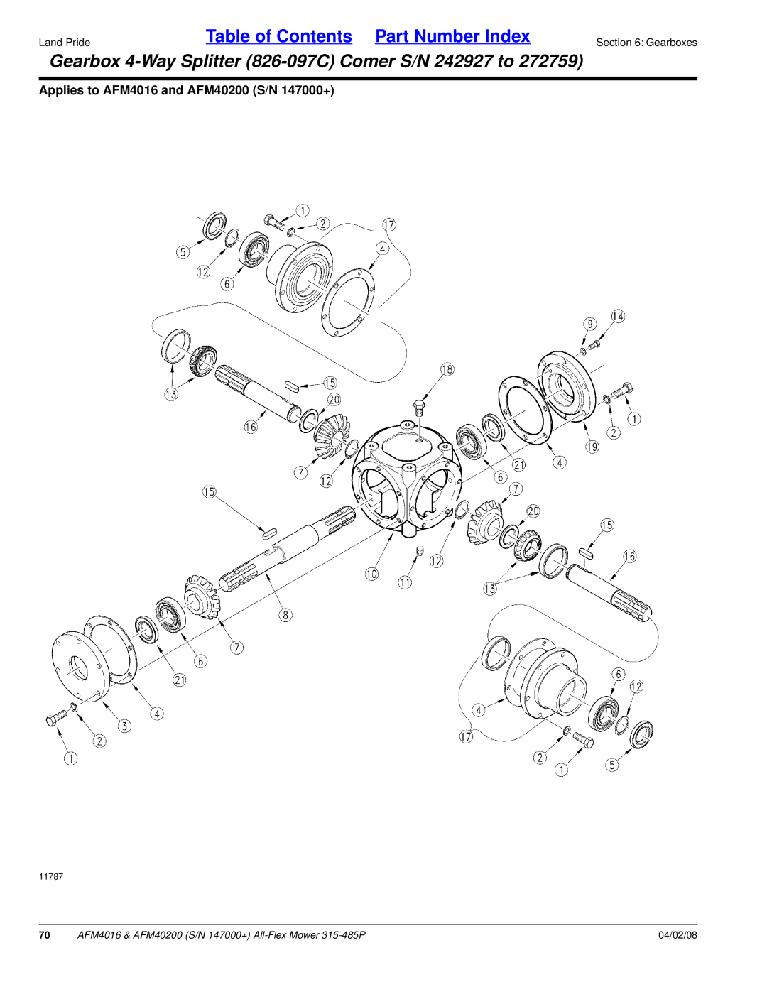 Land Pride AFM40200, AFM4016 manual Gearbox 4-Way Splitter 826-097C Comer S/N 242927 to 