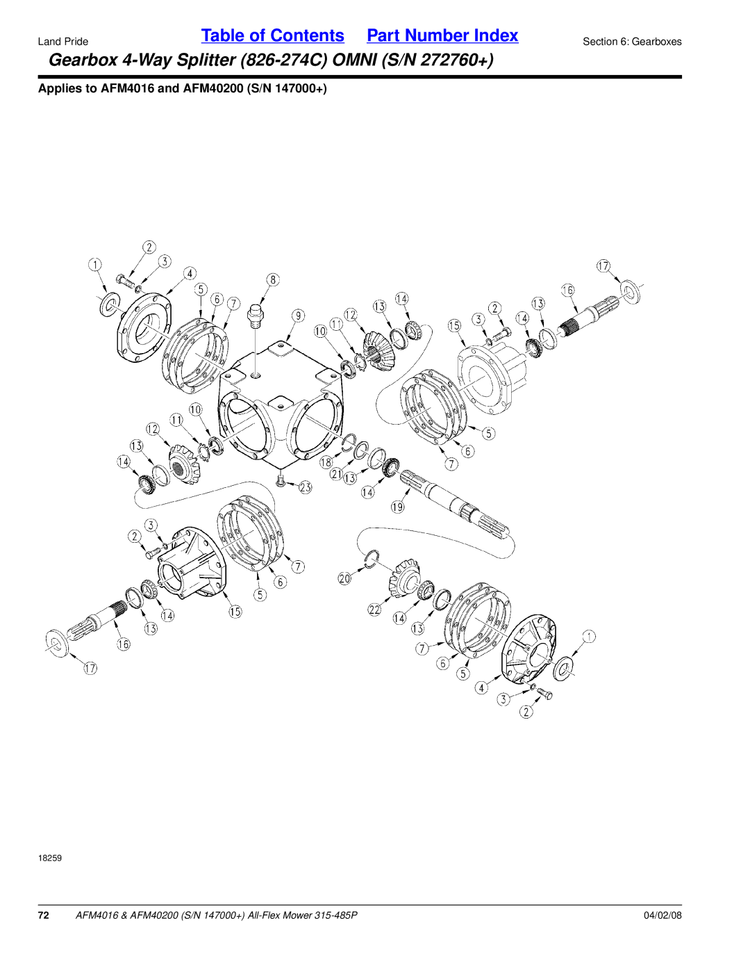 Land Pride AFM40200, AFM4016 manual Gearbox 4-Way Splitter 826-274C Omni S/N 272760+ 