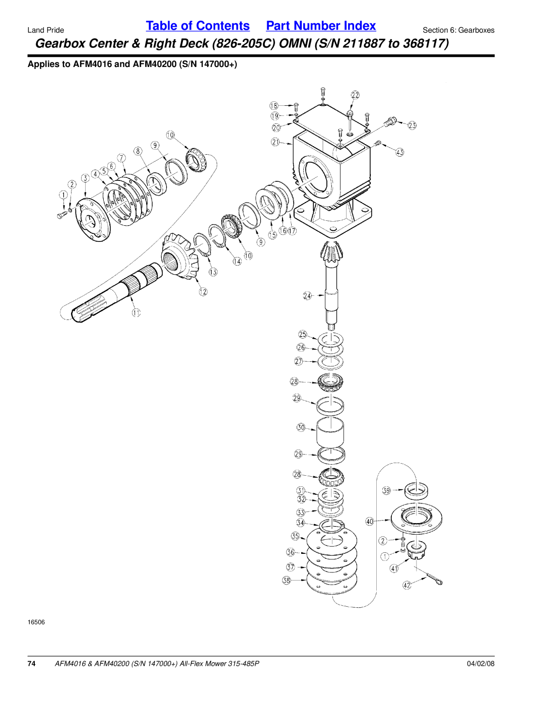 Land Pride AFM40200, AFM4016 manual Gearbox Center & Right Deck 826-205C Omni S/N 211887 to 