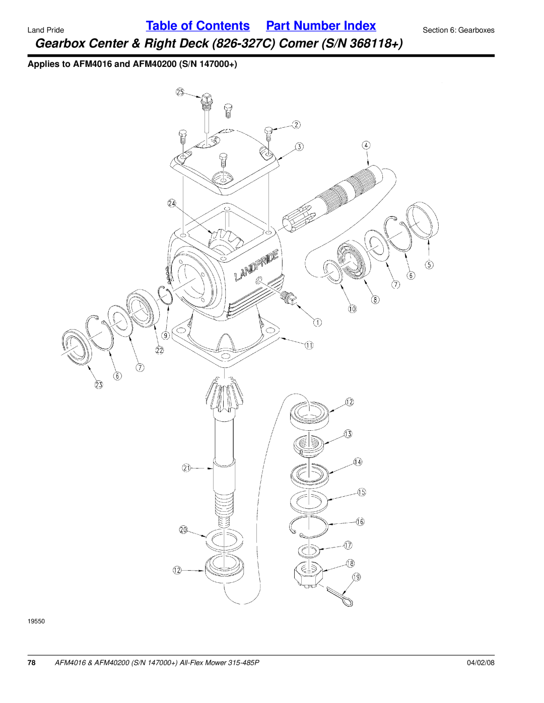Land Pride AFM40200, AFM4016 manual Gearbox Center & Right Deck 826-327C Comer S/N 368118+ 
