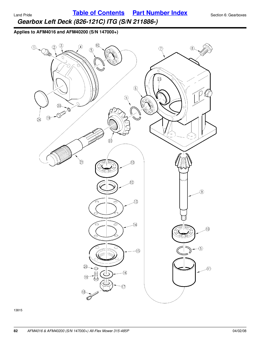 Land Pride AFM40200, AFM4016 manual Gearbox Left Deck 826-121C ITG S/N 