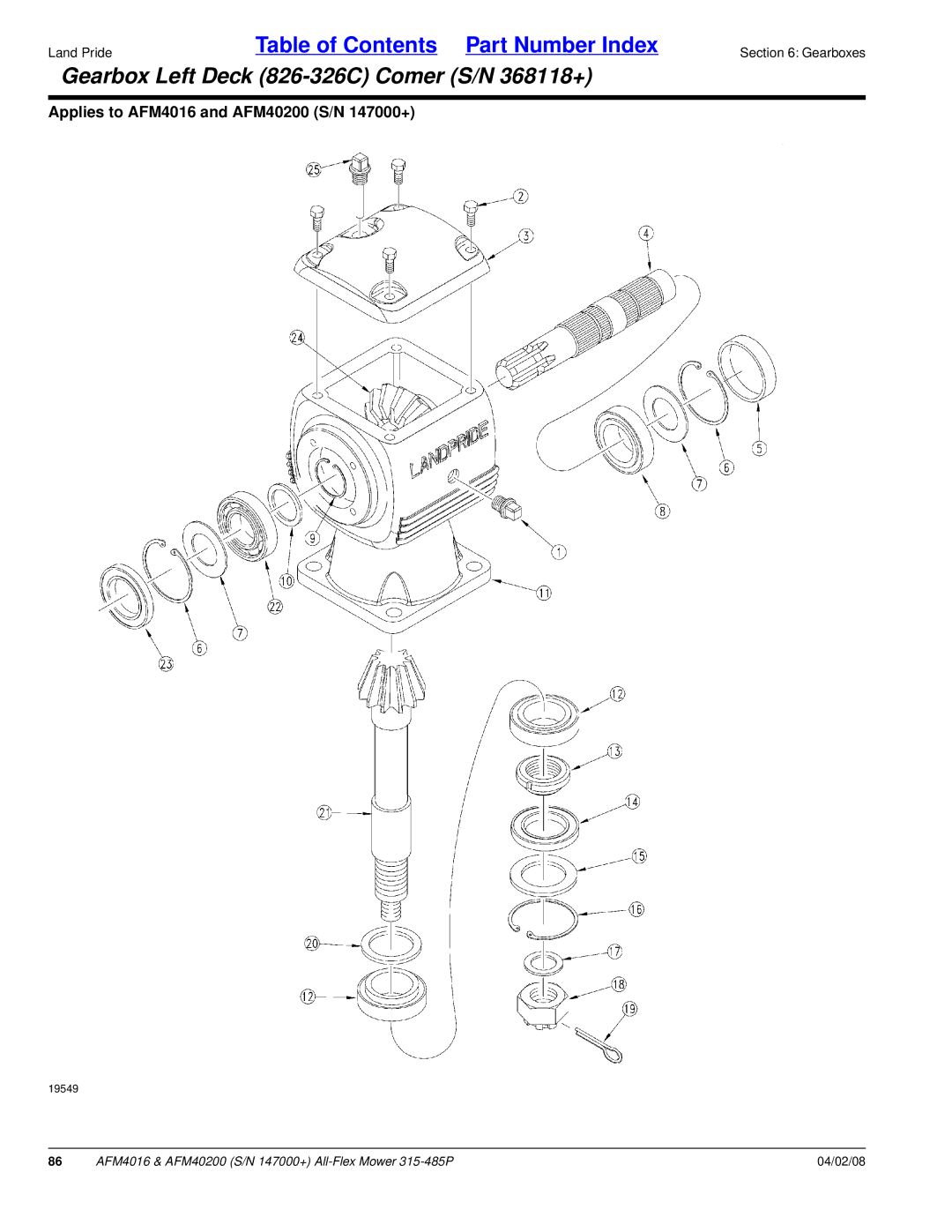 Land Pride AFM40200, AFM4016 manual Gearbox Left Deck 826-326C Comer S/N 368118+ 