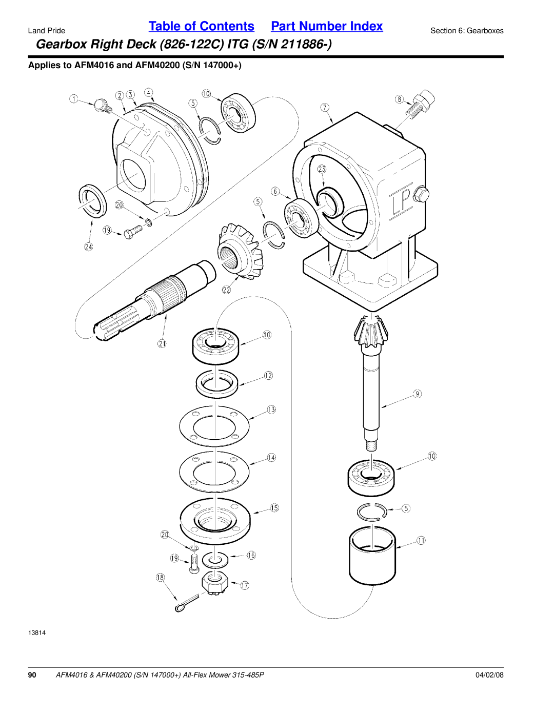 Land Pride AFM40200, AFM4016 manual Gearbox Right Deck 826-122C ITG S/N 