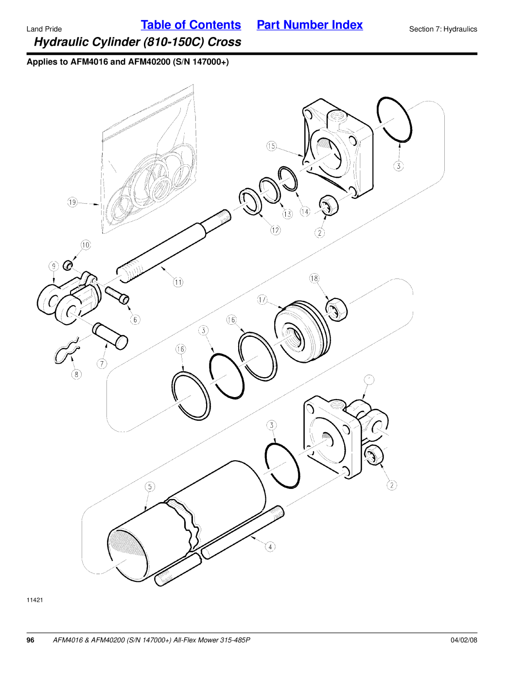 Land Pride AFM40200, AFM4016 manual Hydraulic Cylinder 810-150C Cross 