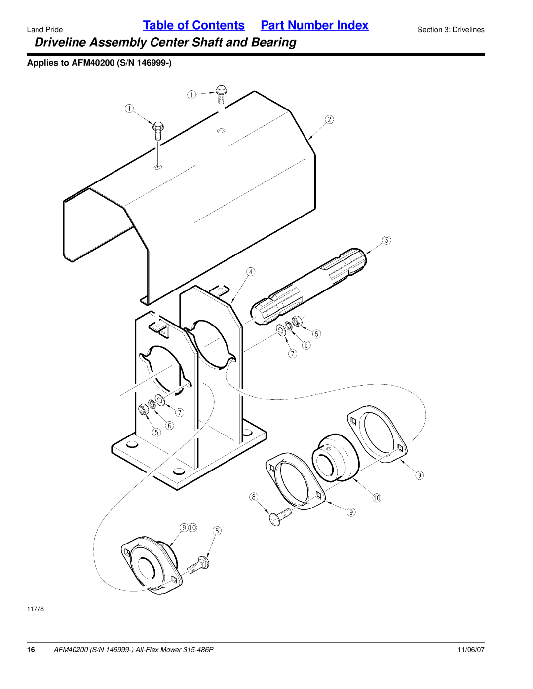 Land Pride AFM40200 manual Driveline Assembly Center Shaft and Bearing 