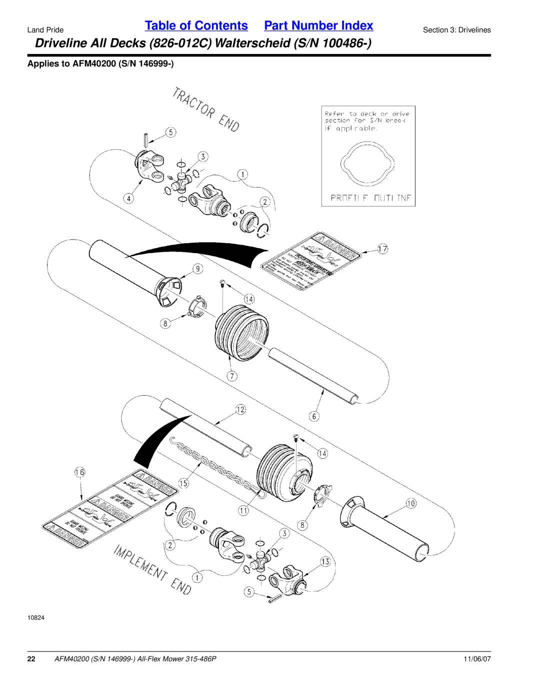 Land Pride AFM40200 manual Driveline All Decks 826-012C Walterscheid S/N 