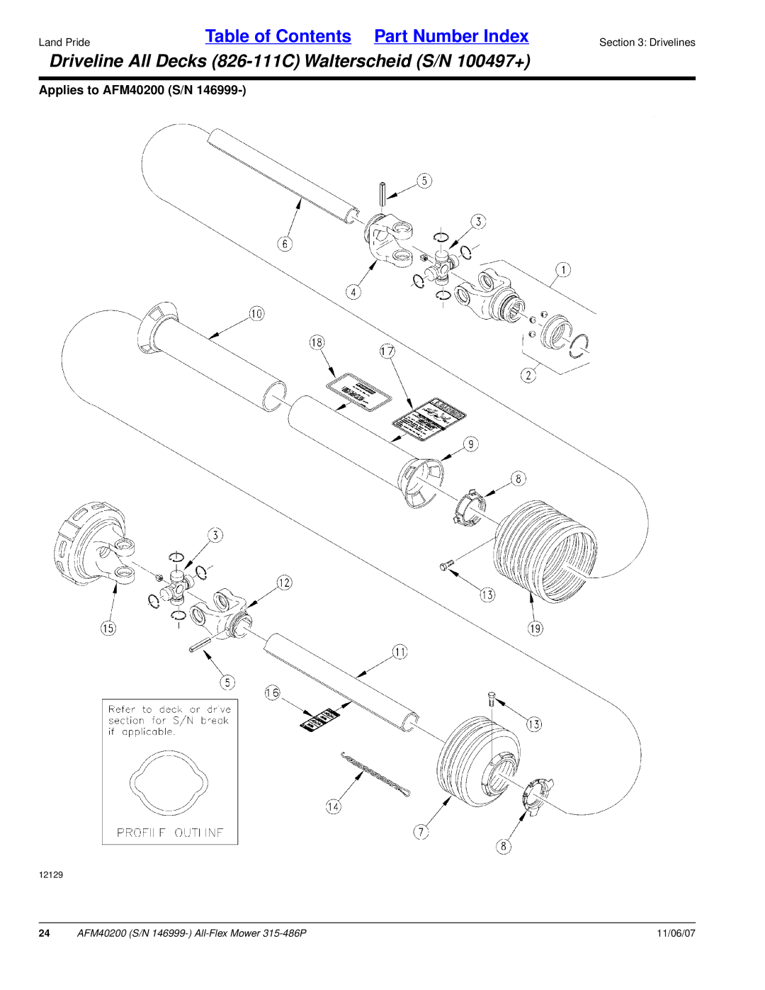 Land Pride AFM40200 manual Driveline All Decks 826-111C Walterscheid S/N 100497+ 