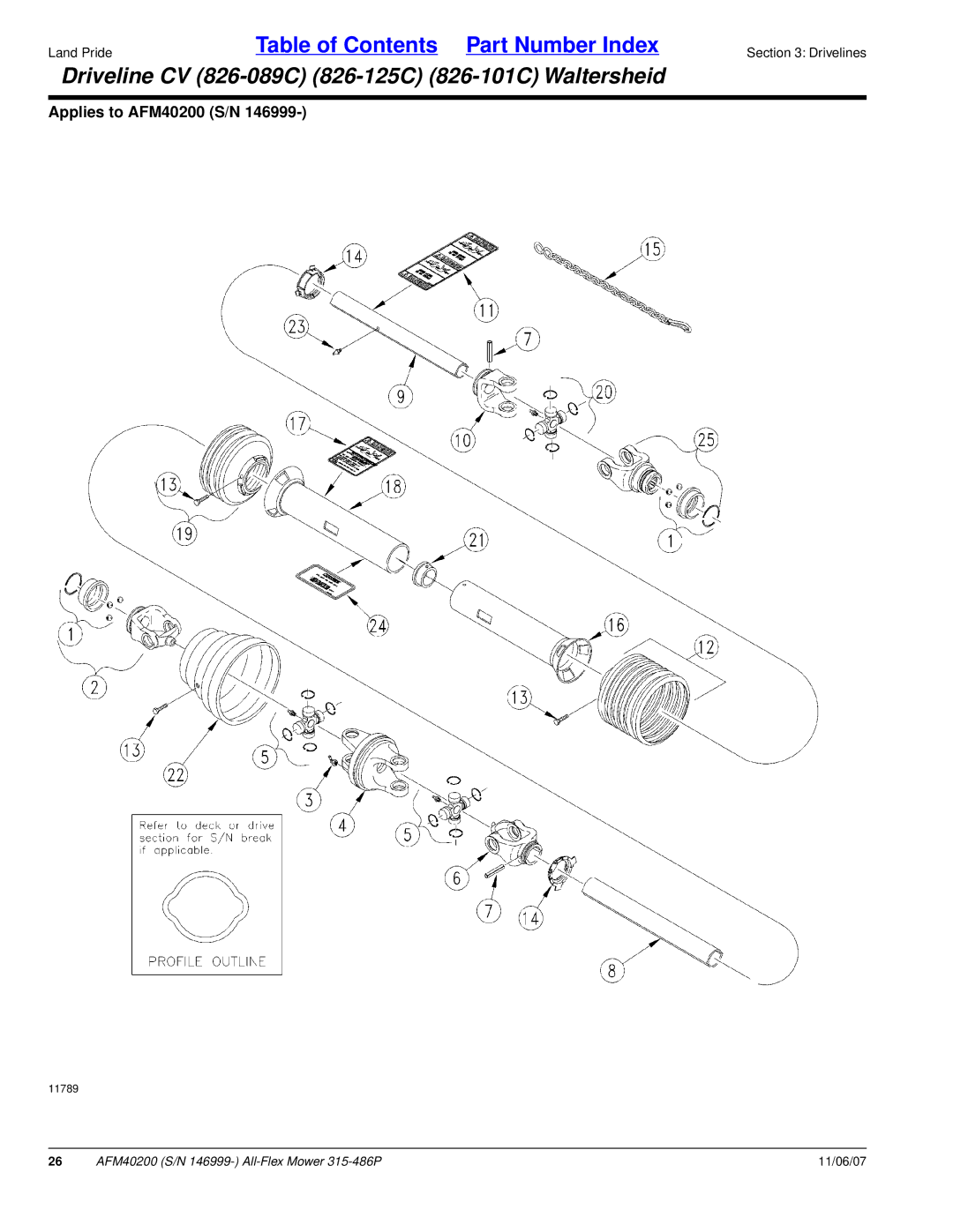 Land Pride AFM40200 manual Driveline CV 826-089C 826-125C 826-101C Waltersheid 