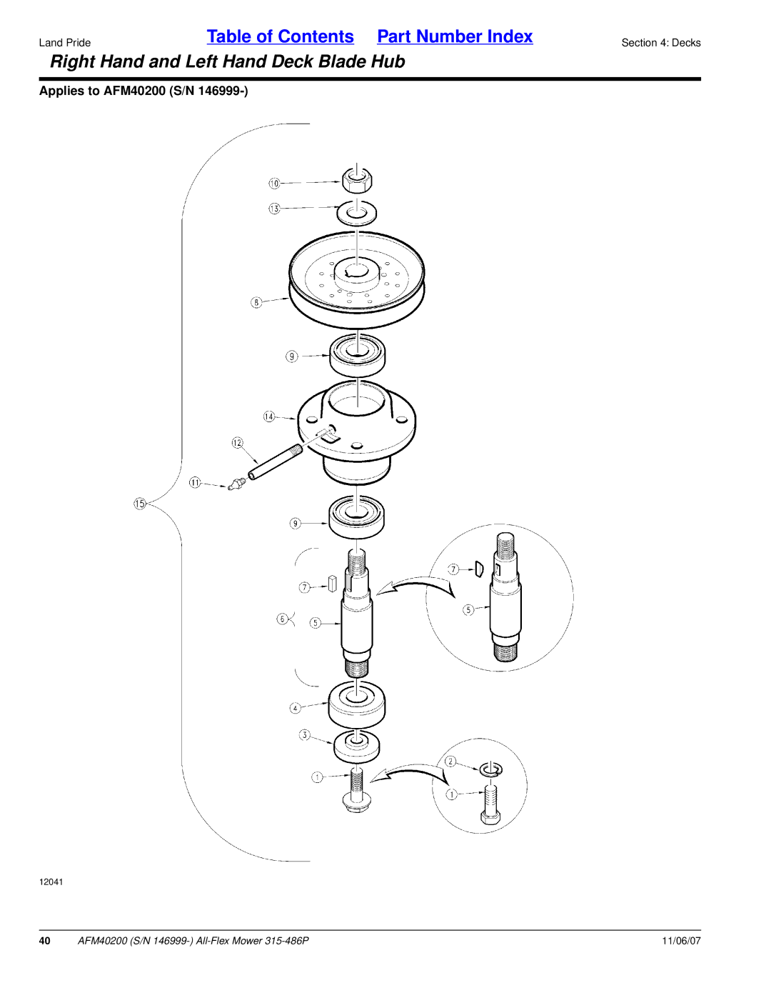 Land Pride AFM40200 manual Right Hand and Left Hand Deck Blade Hub 
