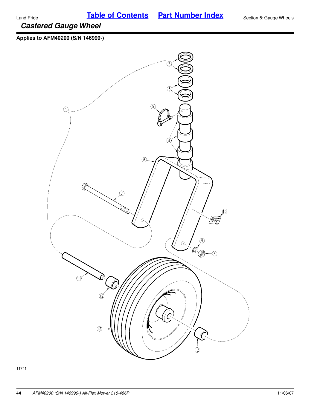 Land Pride AFM40200 manual Castered Gauge Wheel 