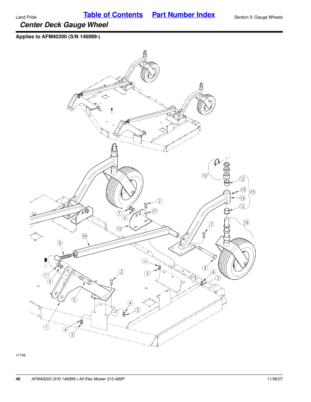 Land Pride AFM40200 manual Center Deck Gauge Wheel 