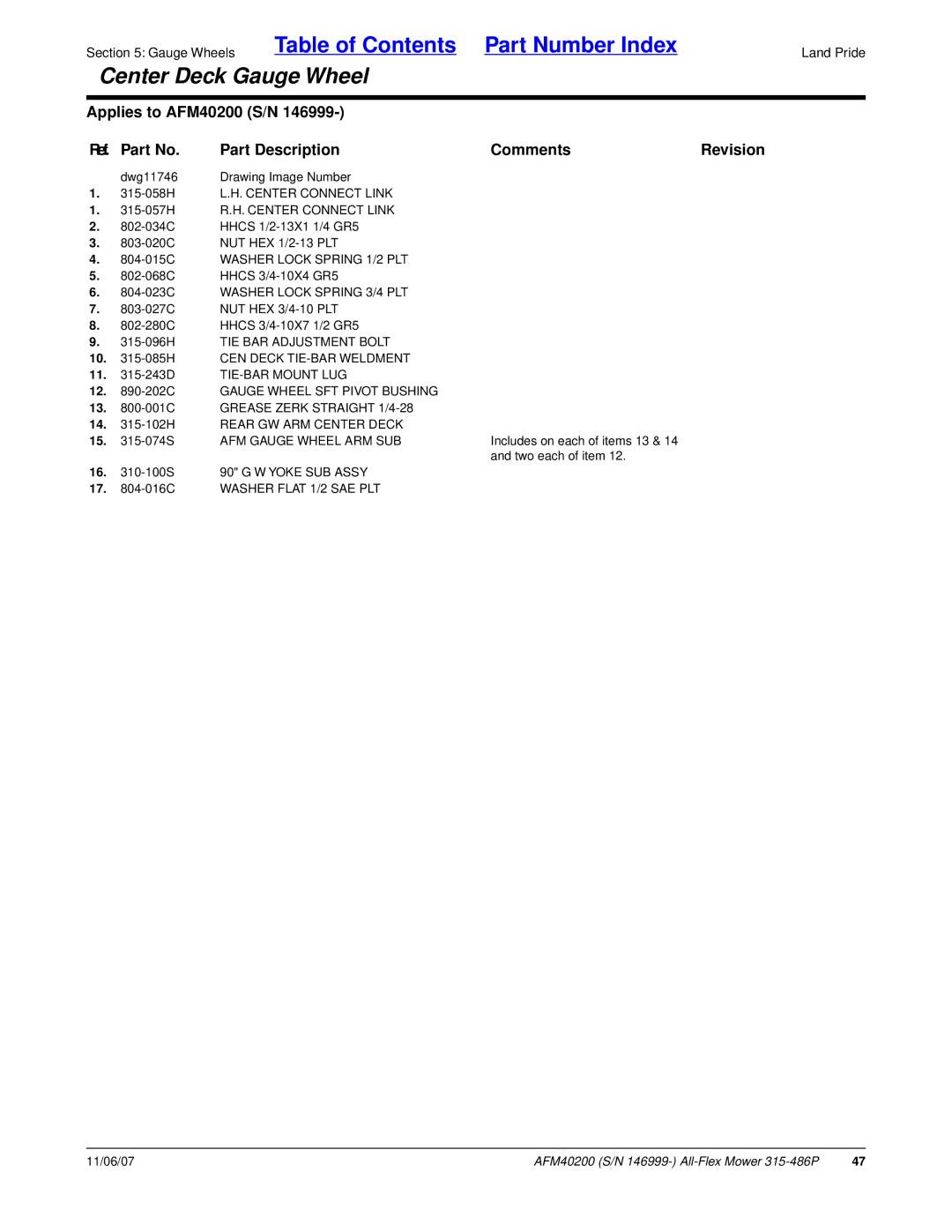 Land Pride AFM40200 manual Center Connect Link, 804-023C Washer Lock Spring 3/4 PLT, 12 -202C Gauge Wheel SFT Pivot Bushing 