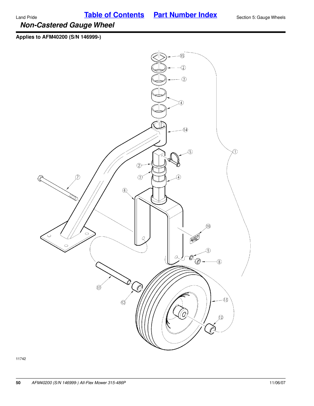 Land Pride AFM40200 manual Non-Castered Gauge Wheel 