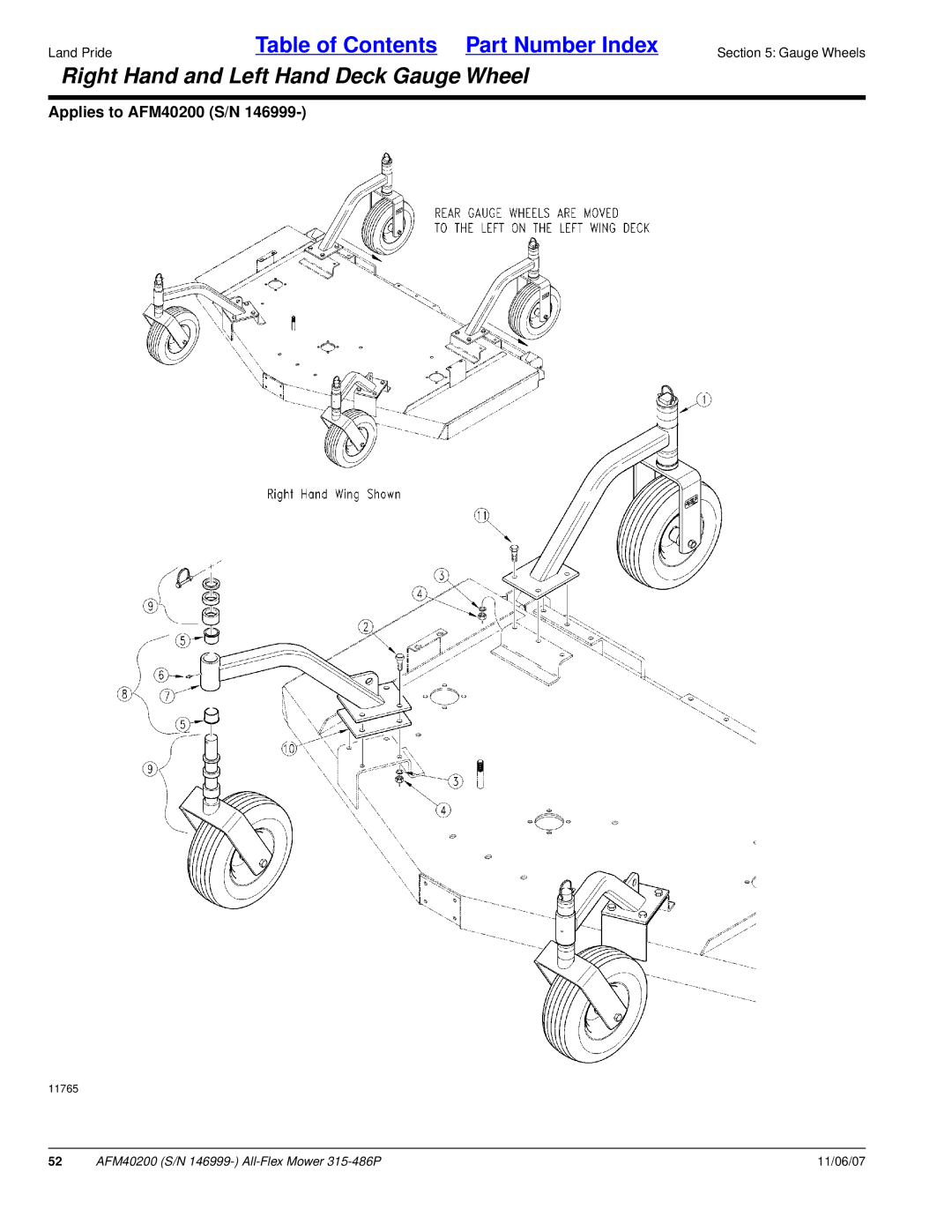 Land Pride AFM40200 manual Right Hand and Left Hand Deck Gauge Wheel 