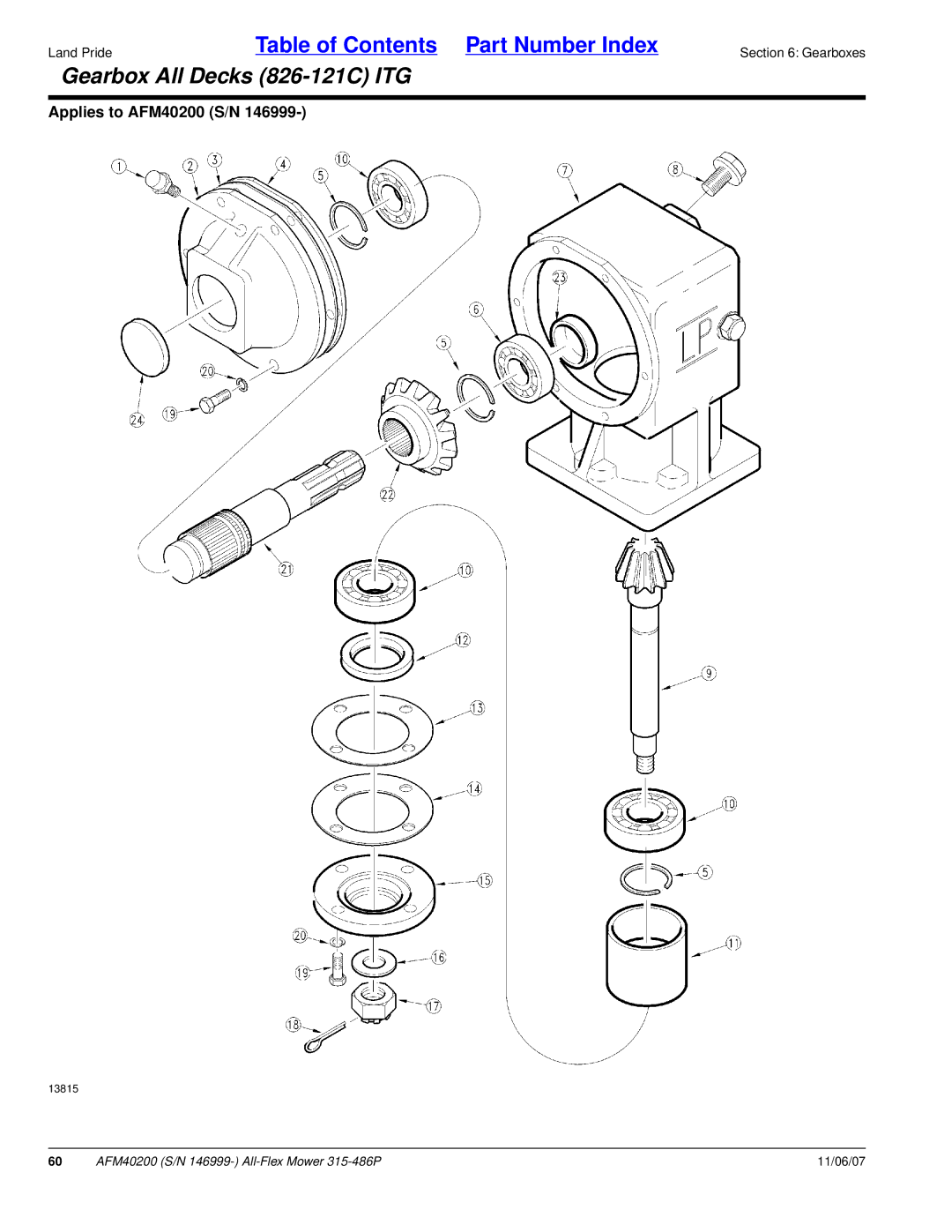 Land Pride AFM40200 manual Gearbox All Decks 826-121C ITG 