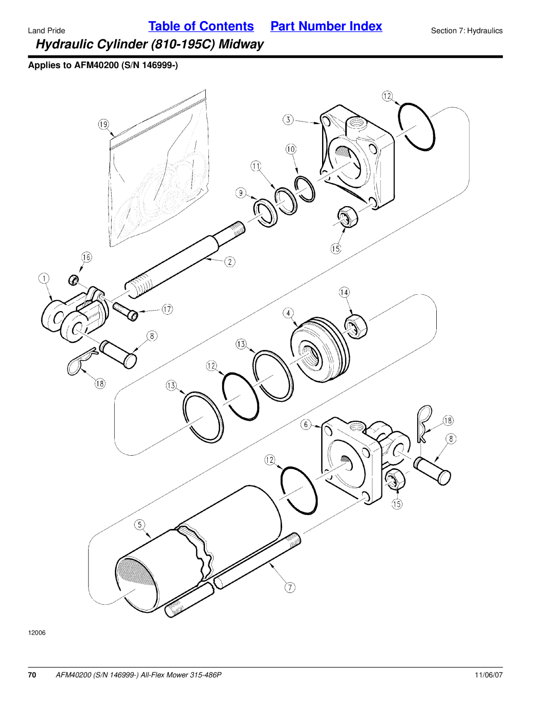 Land Pride AFM40200 manual Hydraulic Cylinder 810-195C Midway 