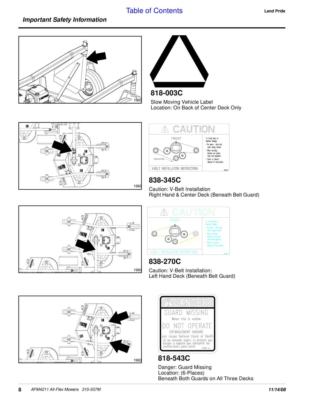 Land Pride AFM4211 manual 818-003C, 838-345C, 838-270C, 818-543C 