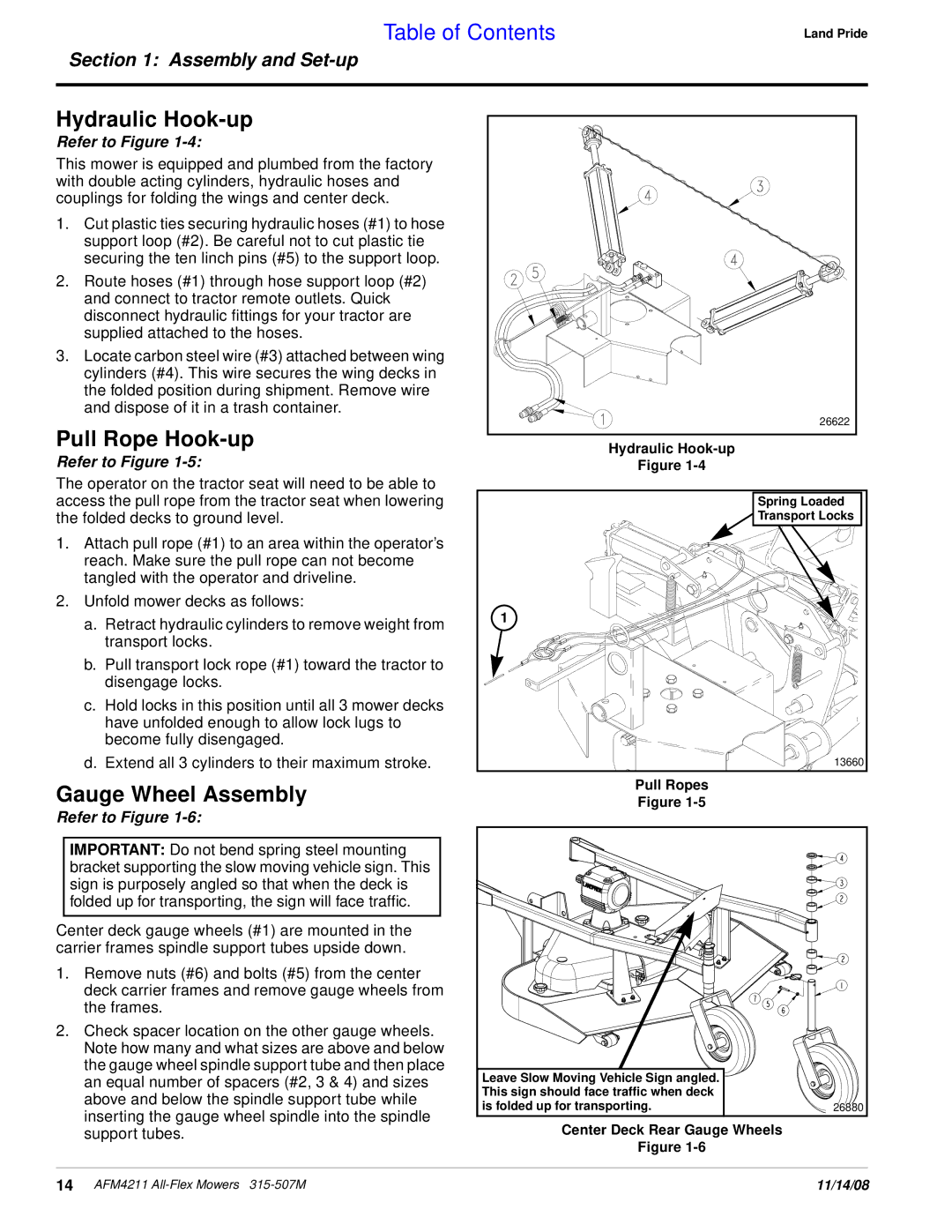 Land Pride AFM4211 manual Hydraulic Hook-up, Pull Rope Hook-up, Gauge Wheel Assembly 