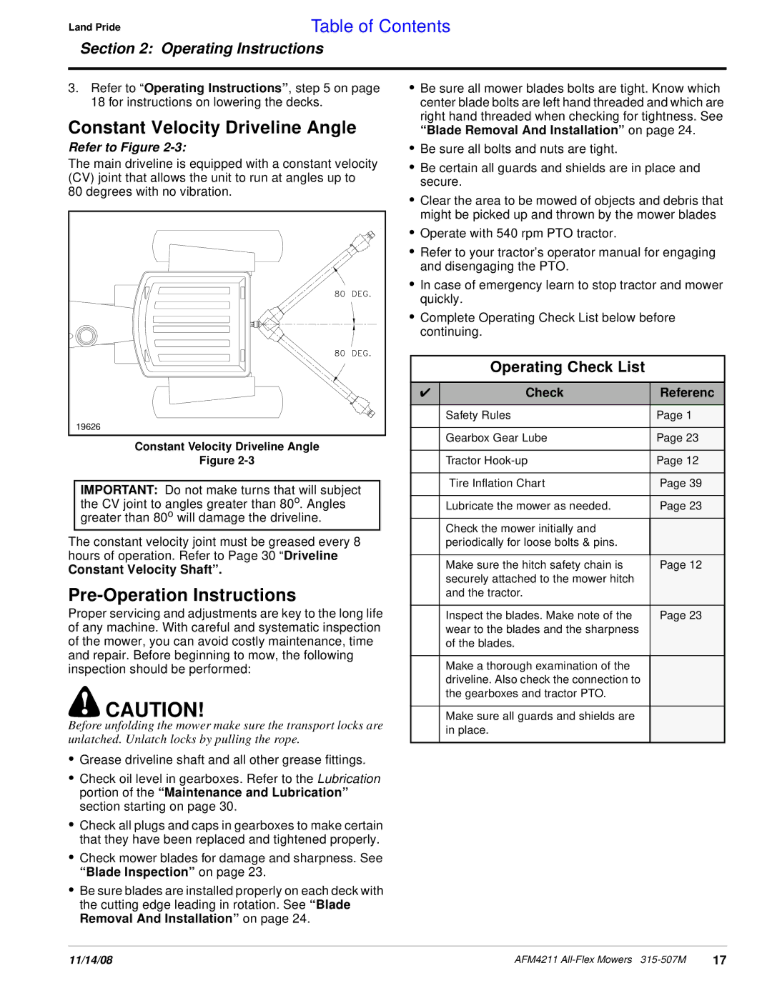 Land Pride AFM4211 manual Constant Velocity Driveline Angle, Pre-Operation Instructions 