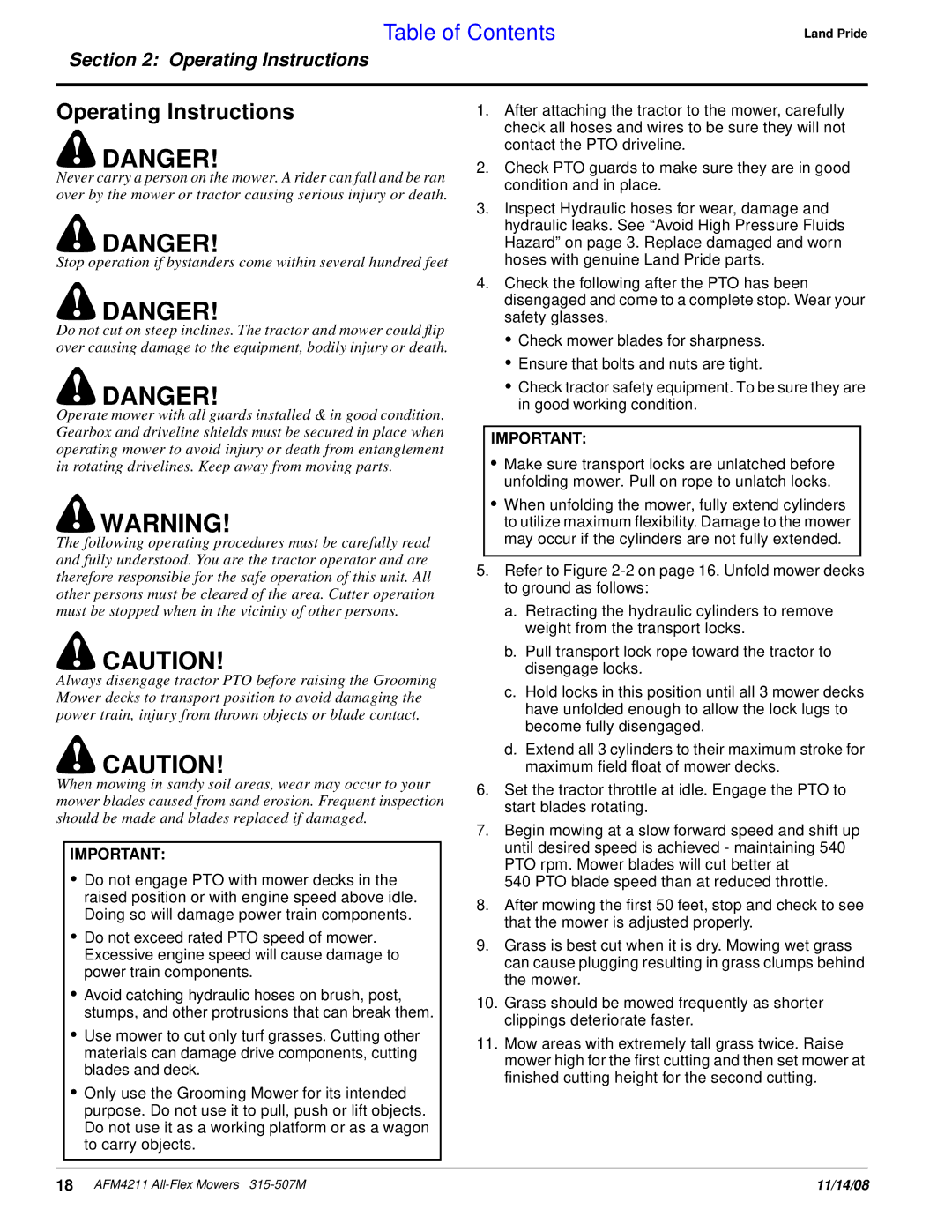 Land Pride AFM4211 manual Operating Instructions 