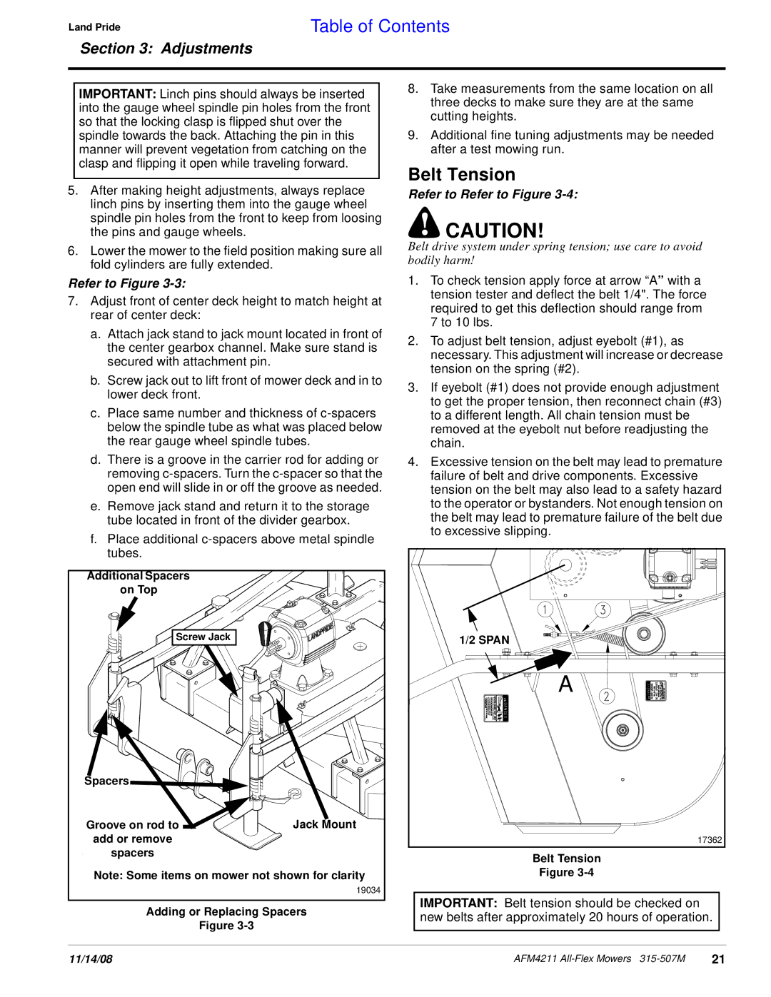 Land Pride AFM4211 manual Belt Tension 