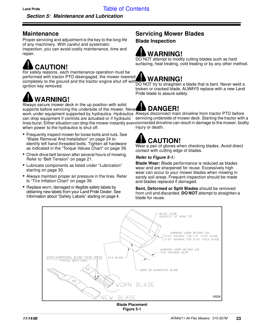 Land Pride AFM4211 manual Maintenance, Servicing Mower Blades, Blade Inspection, Blade Placement 