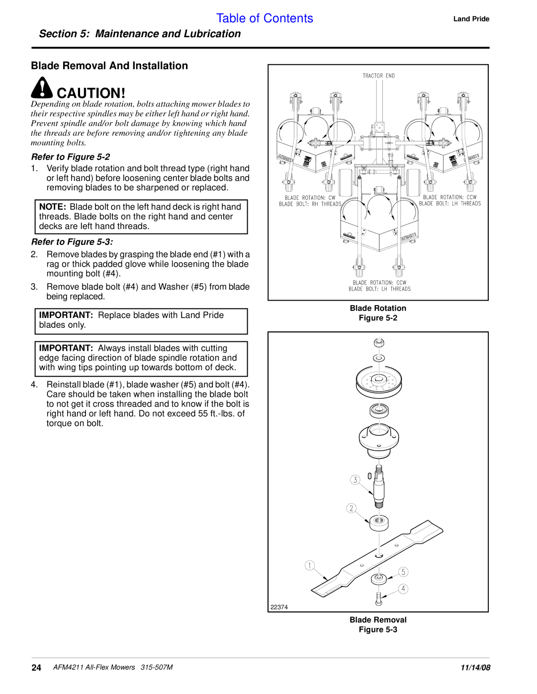 Land Pride AFM4211 manual Blade Removal And Installation, Blade Rotation 