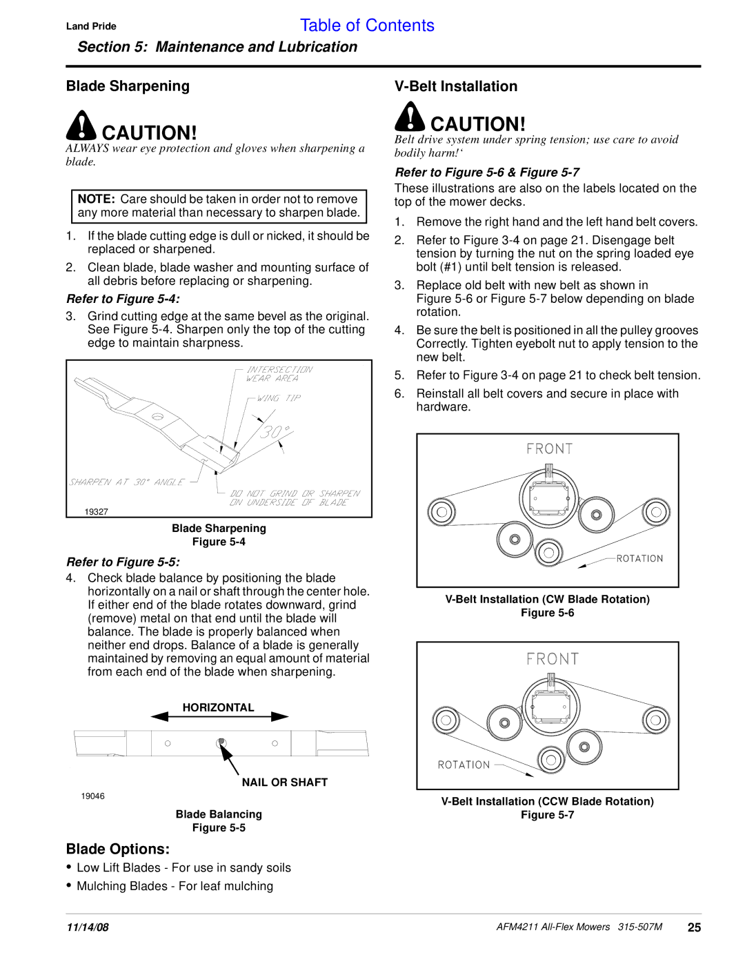 Land Pride AFM4211 manual Blade Sharpening, Blade Options, Belt Installation, Blade Balancing 