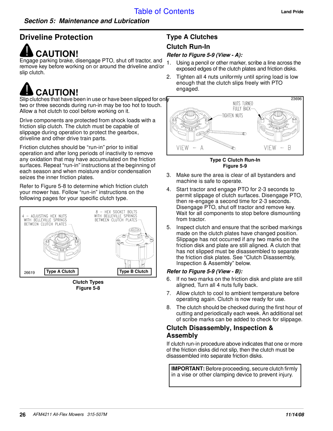 Land Pride AFM4211 manual Driveline Protection, Type a Clutches Clutch Run-In, Clutch Disassembly, Inspection & Assembly 