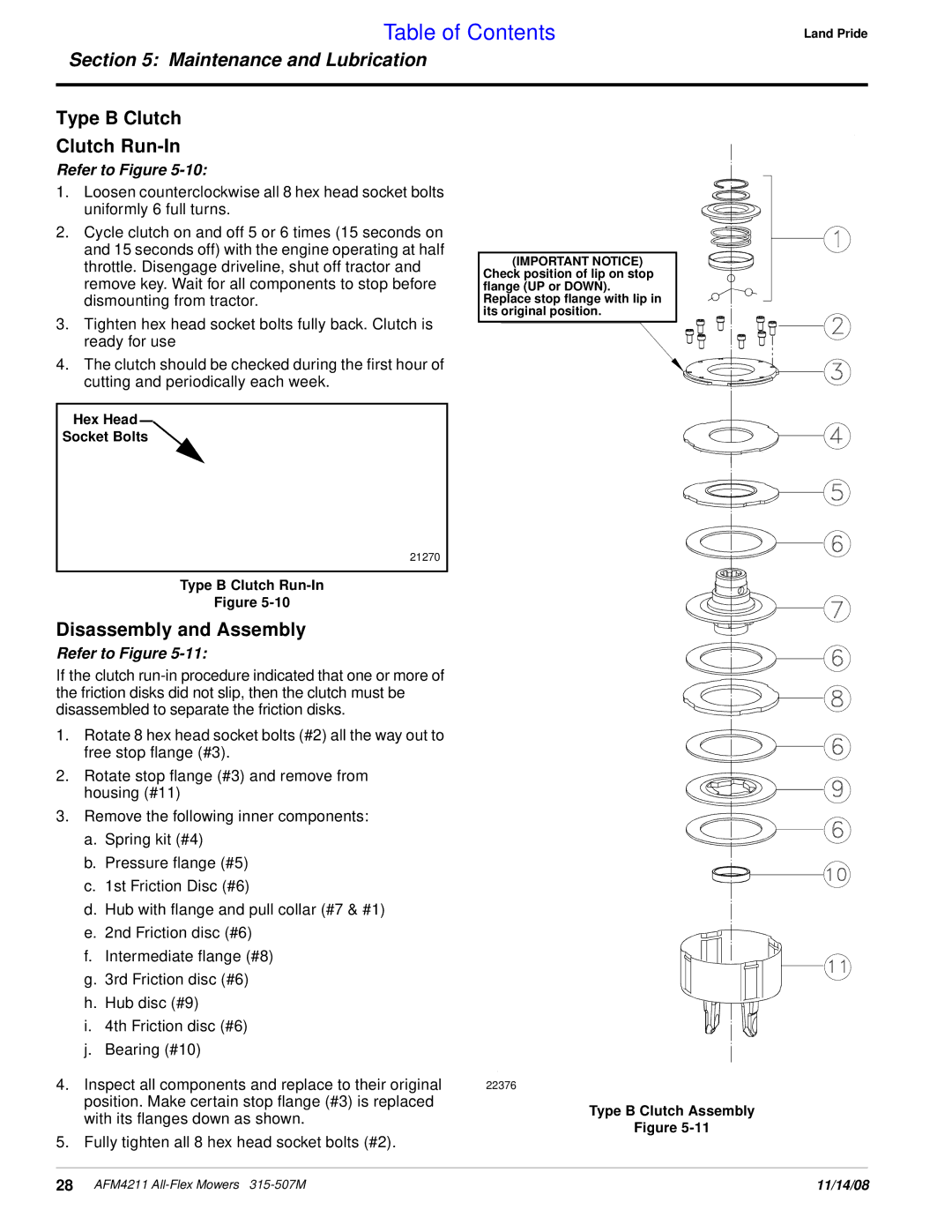 Land Pride AFM4211 Type B Clutch Clutch Run-In, Disassembly and Assembly, Hex Head Socket Bolts, Type B Clutch Run-In 