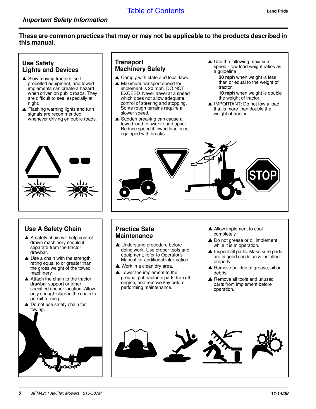 Land Pride AFM4211 manual Transport Machinery Safely, Use a Safety Chain, Practice Safe Maintenance 