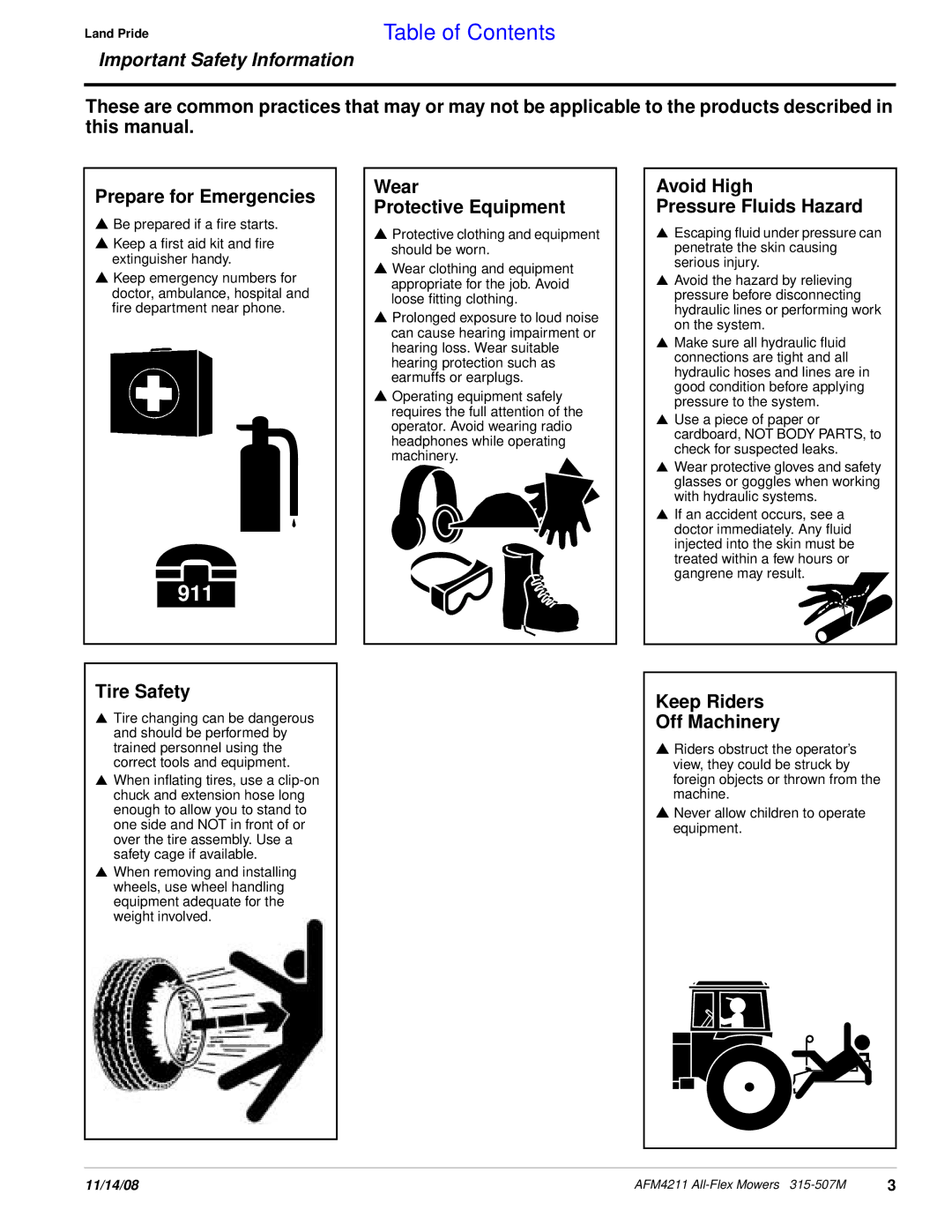 Land Pride AFM4211 Tire Safety, Wear Protective Equipment, Avoid High Pressure Fluids Hazard, Keep Riders Off Machinery 