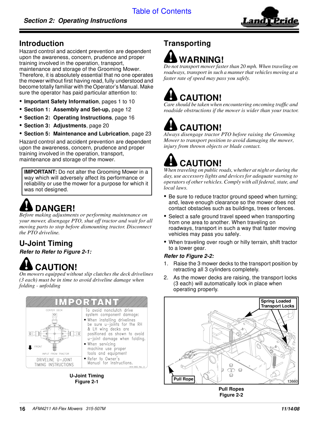 Land Pride AFM4211 Introduction, U-Joint Timing, Transporting, Operating Instructions, Assembly and Set-up, page, Danger 