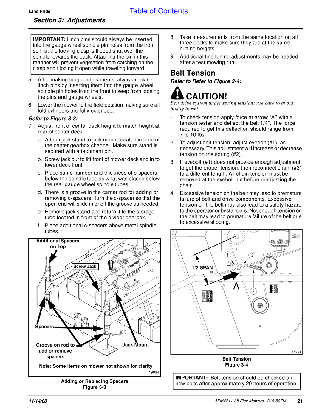 Land Pride AFM4211 manual Belt Tension, Table of Contents, Adjustments, Refer to Refer to Figure 